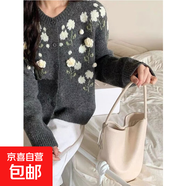 溫柔風針織衫韓系少女感秋冬新款立體花朵寬松休閑提花毛衣外套女 4645深灰 L  【建議111斤-120斤】