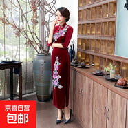 秋冬新款經(jīng)典中式禮服復(fù)古改良時尚繡花絲絨女士旗袍連衣裙中國風 酒紅T0022 L 建議100-110斤