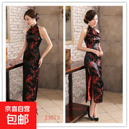 粉紅旗袍長(zhǎng)款織錦緞旗袍開(kāi)叉旗袍表演T臺(tái)秀晚會(huì)旗袍裙修身顯瘦女 黑紅梅花 M 建議90-100斤