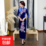 秋冬新款經(jīng)典中式禮服復(fù)古改良時尚繡花絲絨女士旗袍連衣裙中國風 T0022-A 寶藍 M 建議90-100斤