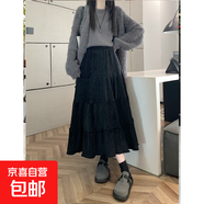 復古咖色絲絨蛋糕半身裙女秋冬季法式高腰顯瘦a字中長(cháng)款大擺傘裙 4601黑色 XL XL 【建議121斤-135斤】