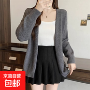 慵懶風(fēng)黑灰色針織開(kāi)衫毛衣外套女春季新款中長(cháng)款外搭上衣ZT47 灰色 L