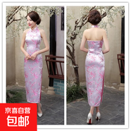 粉紅旗袍長(zhǎng)款織錦緞旗袍開(kāi)叉旗袍表演T臺(tái)秀晚會(huì)旗袍裙修身顯瘦女 粉紅梅花 S 建議80-90斤