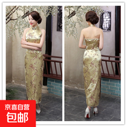 粉紅旗袍長(zhǎng)款織錦緞旗袍開(kāi)叉旗袍表演T臺(tái)秀晚會(huì)旗袍裙修身顯瘦女 金王梅花 S 建議80-90斤