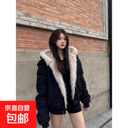 美式復古座山雕黑色連帽毛領(lǐng)外套女冬季加厚保暖設計感夾克棉服 黑色 XL