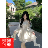 法式氣質(zhì)高級感甜美露肩連衣裙女A字蓬蓬禮服裙小個(gè)子短款仙女裙 杏色連衣裙 S