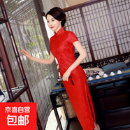 2025新款改良旗袍長(cháng)款連衣裙大碼媽媽裝修身復古演出服蕾絲中國風(fēng) 紅梅C0204 M 建議90-100斤