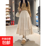 復古咖色絲絨蛋糕半身裙女秋冬季法式高腰顯瘦a字中長(cháng)款大擺傘裙 4601杏色 S S 【建議80斤-95斤】
