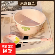 草莓陶瓷碗勺家用高顏值米飯碗少女心甜品碗釉下彩餐具套裝 【2件套】淺粉草莓1碗1勺