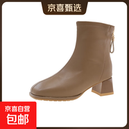 高跟馬丁靴女2025新款秋冬英倫風百搭方頭瘦瘦靴中跟粗跟大碼短靴 杏色單里 37