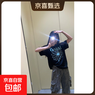 220克純棉韓版短袖雛菊2025春夏百搭上衣寬松男女臘腸狗T恤B701YL 1972黑色湖藍花 M