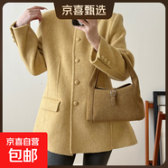 小蠻腰墊肩圓領(lǐng)單排多扣收腰設計小香風(fēng)中長(cháng)款雙面尼羊毛大衣秋冬 檸檬黃 M