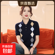 【拉夫勞倫制造商】秋季上衣薄款撞色提花女裝拼接格紋休閑針織衫 藏青 XL 120-135斤