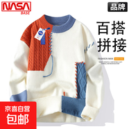 NASA BASE學(xué)生拼接毛衣男款秋冬季青少年撞色線衣冬天保暖打底衫套頭針織衫 橘色 XL
