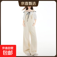 美式街牛仔背帶褲女夏季2025新款寬松復古腰直筒小個(gè)子闊腿褲 米白色 703 背帶褲 S