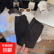 女童春秋加厚抓毛坑條休閑褲 兒童外穿純色打底褲子 彈力小腳長褲 德絨打底褲黑色 100 【身高85-95cm】