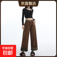延芮高腰黑色九分牛仔褲女秋冬2025新款爆款豹紋拼接闊腿褲加絨直 HS631---焦糖色 【配腰帶】 2XL