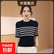 【大牌平替】新款休閑女士條紋圓領(lǐng)打底衫女裝短袖套頭毛針織衫 藏青 2XL 135-150斤