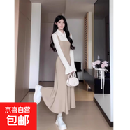 大碼韓版修身假兩件連衣裙女秋冬胖mm收腰顯瘦赫本風(fēng)時尚a字長裙 杏色假兩件連衣裙 XL