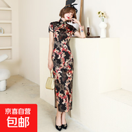 2025新款夏秋長(cháng)款旗袍裙女裝連衣裙修身演出媽媽裝日常表演演出服 CQ1-5黑色 2XL 建議120-130斤