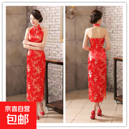 粉紅旗袍長(cháng)款織錦緞旗袍開(kāi)叉旗袍表演T臺秀晚會(huì )旗袍裙修身顯瘦女 大紅梅花 2XL 建議120-130斤