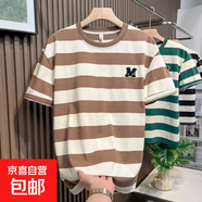 短袖t恤男士2025夏季條紋半袖潮流寬松圓領(lǐng)體恤衫休閑百搭上衣QP 0663服飾D252咖啡條 2XL
