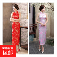 粉紅旗袍長(cháng)款織錦緞旗袍開(kāi)叉旗袍表演T臺秀晚會(huì )旗袍裙修身顯瘦女 湖藍龍鳳 2XL 建議120-130斤