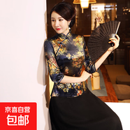 2025春秋冬金絲絨上衣旗袍日常演出媽媽裝時(shí)尚七分袖大碼修身顯瘦 A0102-C藍色上衣 2XL 建議110-120斤