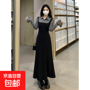 大碼韓版修身假兩件連衣裙女秋冬胖mm收腰顯瘦赫本風(fēng)時尚a字長裙 灰黑色假兩件連衣裙 XL