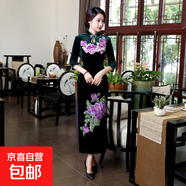 2025新款絲絨旗袍復古立領(lǐng)旗袍唐裝婚禮繡花改良時(shí)尚長(cháng)旗袍新中式 綠色T0023-C 3XL 建議130-140斤