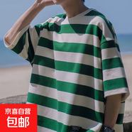 短袖t恤男士2025夏季寬松百搭條紋半袖潮流學生重磅體恤衫上衣QP 加森爵大條紋五分袖綠色 L