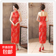 粉紅旗袍長(cháng)款織錦緞旗袍開(kāi)叉旗袍表演T臺秀晚會(huì )旗袍裙修身顯瘦女 大紅龍鳳 3XL 建議130-140斤