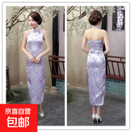 粉紅旗袍長(cháng)款織錦緞旗袍開(kāi)叉旗袍表演T臺秀晚會(huì )旗袍裙修身顯瘦女 淡紫梅花 M 建議90-100斤