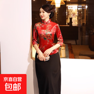 2025春秋冬金絲絨上衣旗袍日常演出媽媽裝時(shí)尚七分袖大碼修身顯瘦 A0102-A紅色上衣 2XL 建議110-120斤