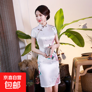 2025春夏新款改良旗袍短裙中國(guó)風(fēng)修身復(fù)古日常大碼媽媽裝新中式服 LGD128-1白色 2XL 建議120-130斤