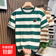 短袖t恤男士2025夏季條紋半袖潮流寬松圓領(lǐng)體恤衫休閑百搭上衣QP 0663服飾D252綠條 L