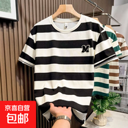 短袖t恤男士2025夏季條紋半袖潮流寬松圓領(lǐng)體恤衫休閑百搭上衣QP 0663服飾D252黑條 2XL