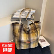 秋冬毛呢格紋單肩包托特包ins復古英倫格子大容量通勤包 黃色
