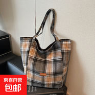 秋冬毛呢格紋單肩包托特包ins復古英倫格子大容量通勤包 藍色
