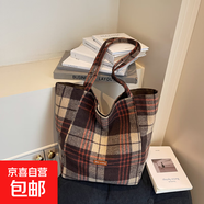 秋冬毛呢格紋單肩包托特包ins復古英倫格子大容量通勤包 紅色