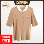 【伊芙麗制造商】顯瘦高檔爆款百搭刺繡花朵減齡珍珠扣翻領(lǐng)上衣 駝色 M 90-110斤