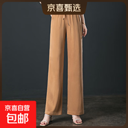 【哥弟制造商】銅氨絲闊腿褲女夏薄款松緊高腰垂感直筒休閑拖地褲 茶咖色 2XL