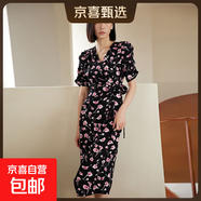 【伊芙麗制造商】復古印花連衣裙女夏季法式高級感氣質顯瘦裙子 黑底粉花 M