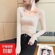 莫代爾大領(lǐng)口短袖t恤女夏季2025新款修身長(zhǎng)袖秋冬體恤正肩上衣886 8006卡其色-長(zhǎng)袖 露背款莫代爾棉 L 建議100-115斤