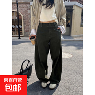 廣州黃崢美式復(fù)古水洗做舊感彎刀褲女寬松弧形休閑褲女時(shí)尚休閑褲 卡綠色 S