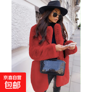 2025秋通勤長袖翻領(lǐng)仿皮草外套純色保暖大碼大衣女皮草皮草冬女裝 紅色 XL
