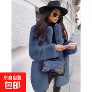 2025秋通勤長袖翻領(lǐng)仿皮草外套純色保暖大碼大衣女皮草皮草冬女裝 藍色 2XL