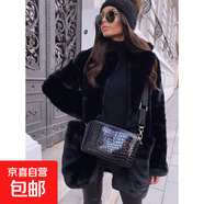 2025秋通勤長袖翻領(lǐng)仿皮草外套純色保暖大碼大衣女皮草皮草冬女裝 黑色 2XL