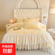 冬季新款奶油公主風(fēng)牛奶絨床裙款四件套蕾絲花邊被套罩床單三件套 傾城-米黃【加厚保暖】 【床笠款】1.8四件套-被套200x230