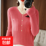 春秋新款女士低領(lǐng)毛衣女V領(lǐng)鉆扣安迪絨針織打底毛衣女套頭針織衫 樹(shù)莓紅 M 建議95-110斤